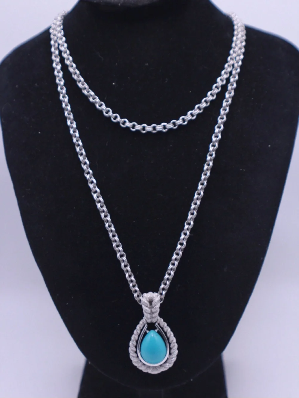 Vintage Avon Silver-Tone Teardrop Turquoise tone Pendant double Necklace 18” 23”
